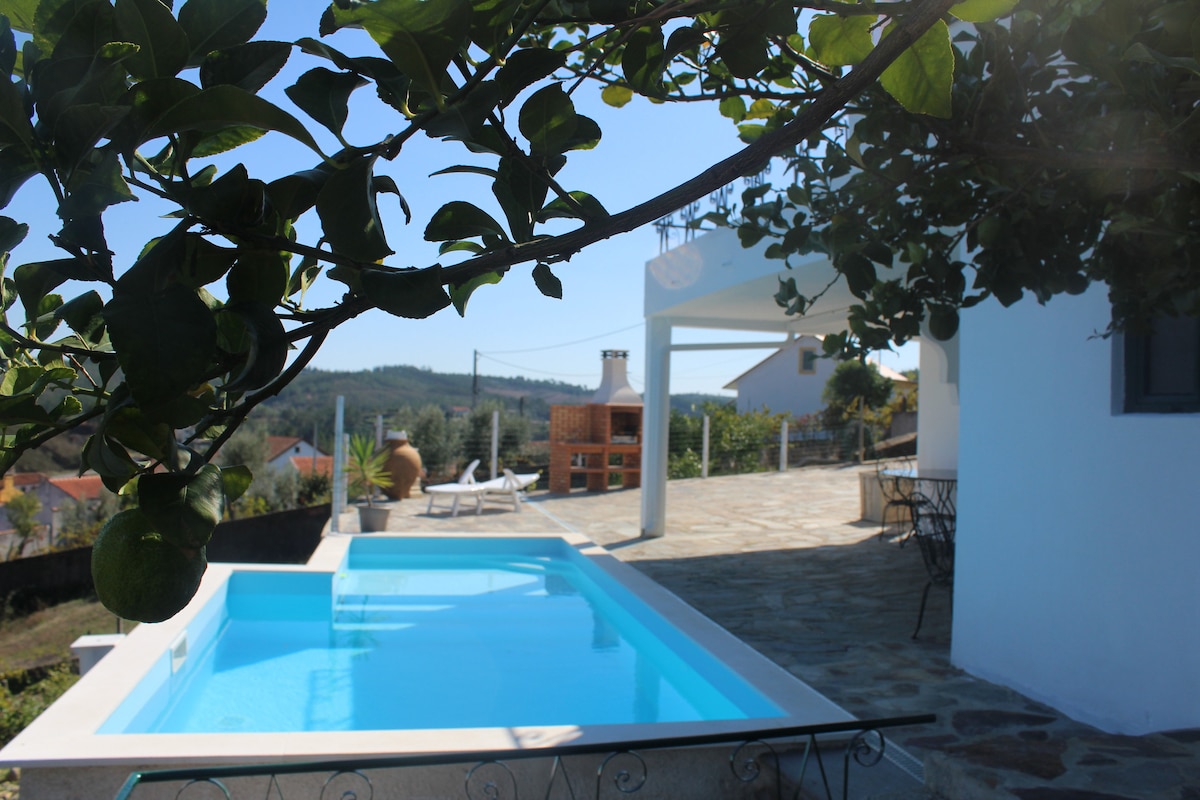 A serene outdoor area is depicted with a clear blue pool surrounded by a stone patio. A shaded seating area is visible, along with greenery framing the space. Beyond the pool, distant hills and houses create a calm backdrop.