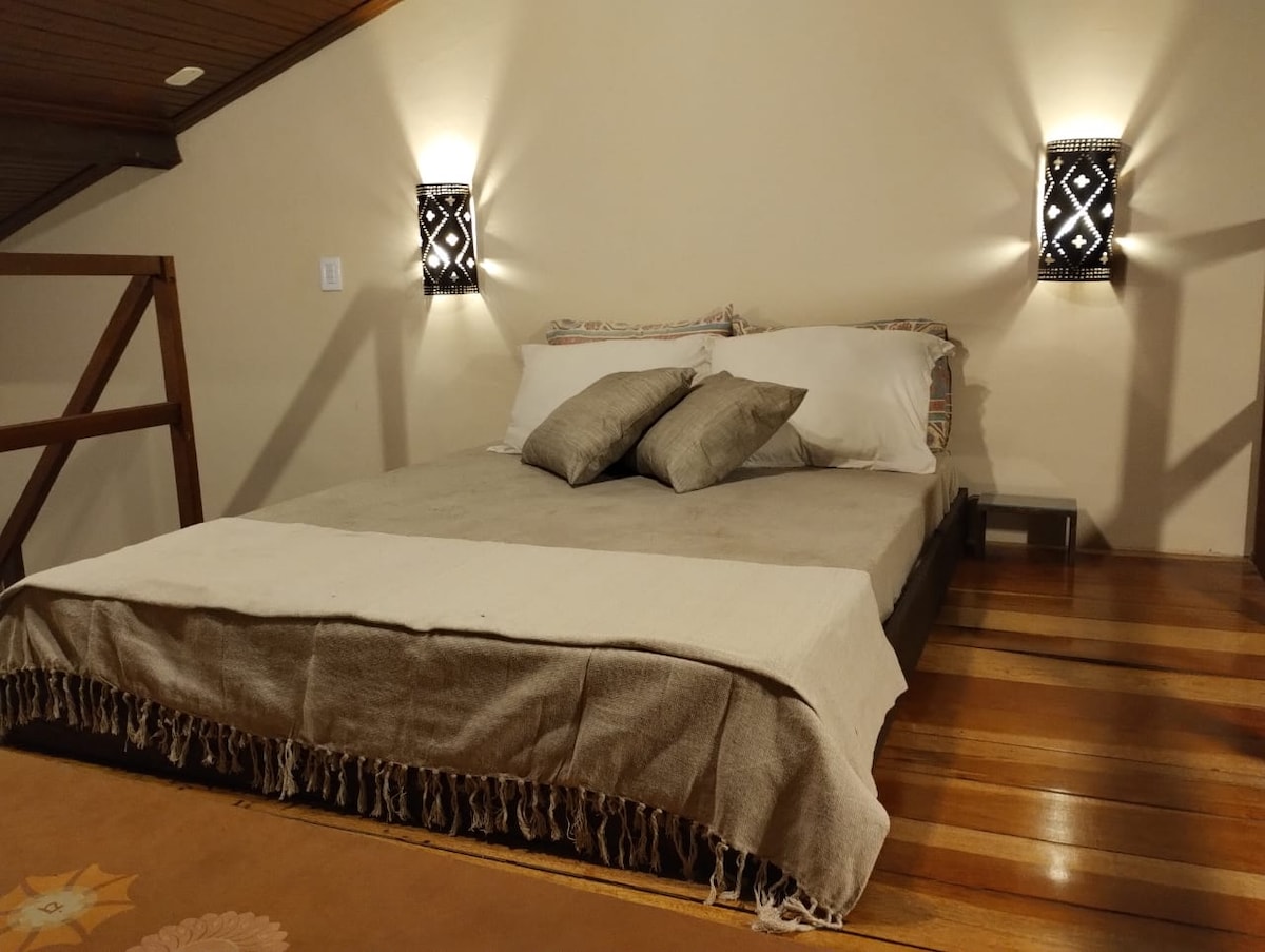 Mezzanino - double bed with wardrobe, sockets next to the headboard, fan.