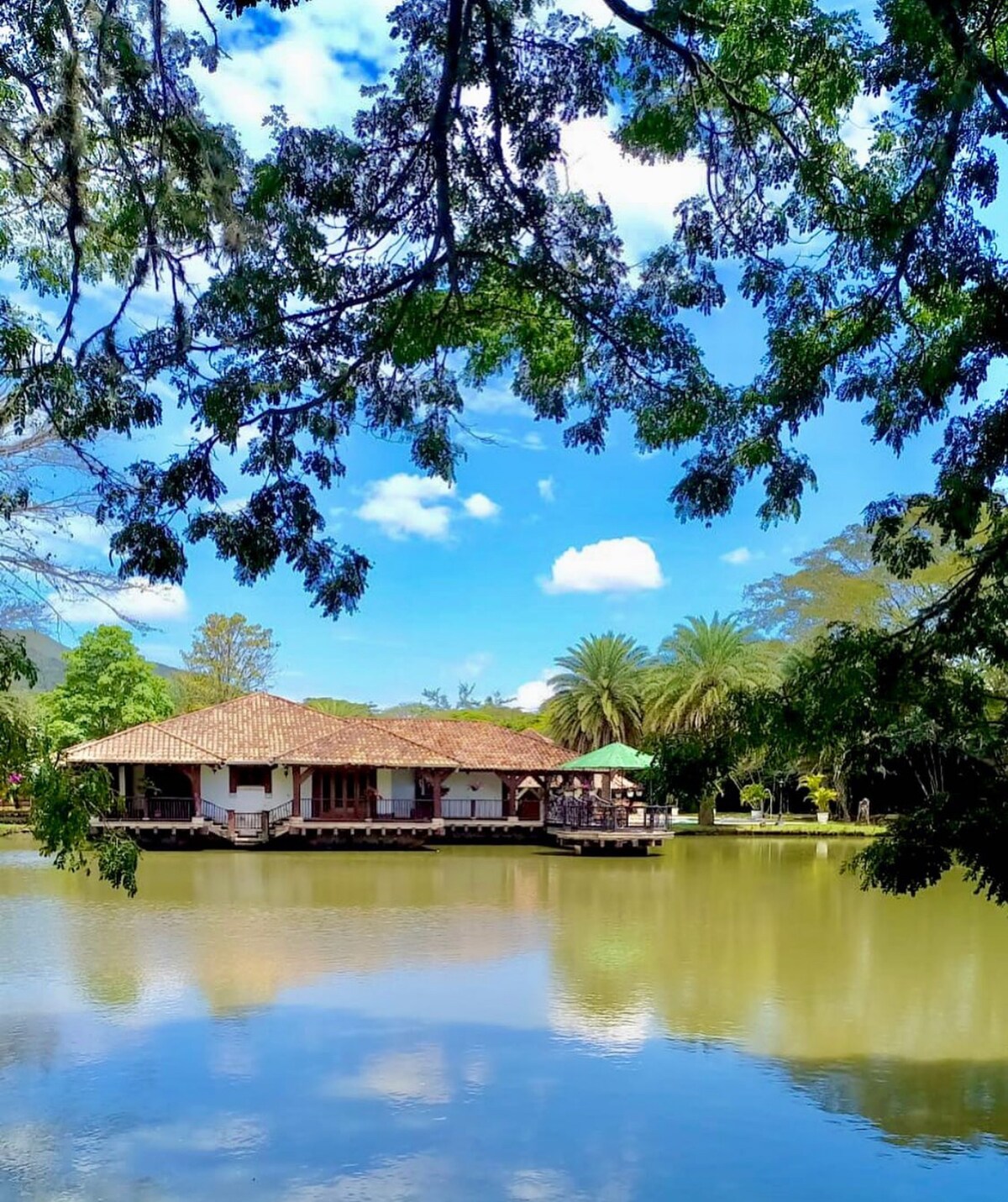 A tranquil scene depicts a charming lakefront building surrounded by lush greenery. The structure features a tiled roof and large windows reflecting the serene water. Bright blue skies with scattered clouds are visible above, enhancing the natural beauty of the environment.