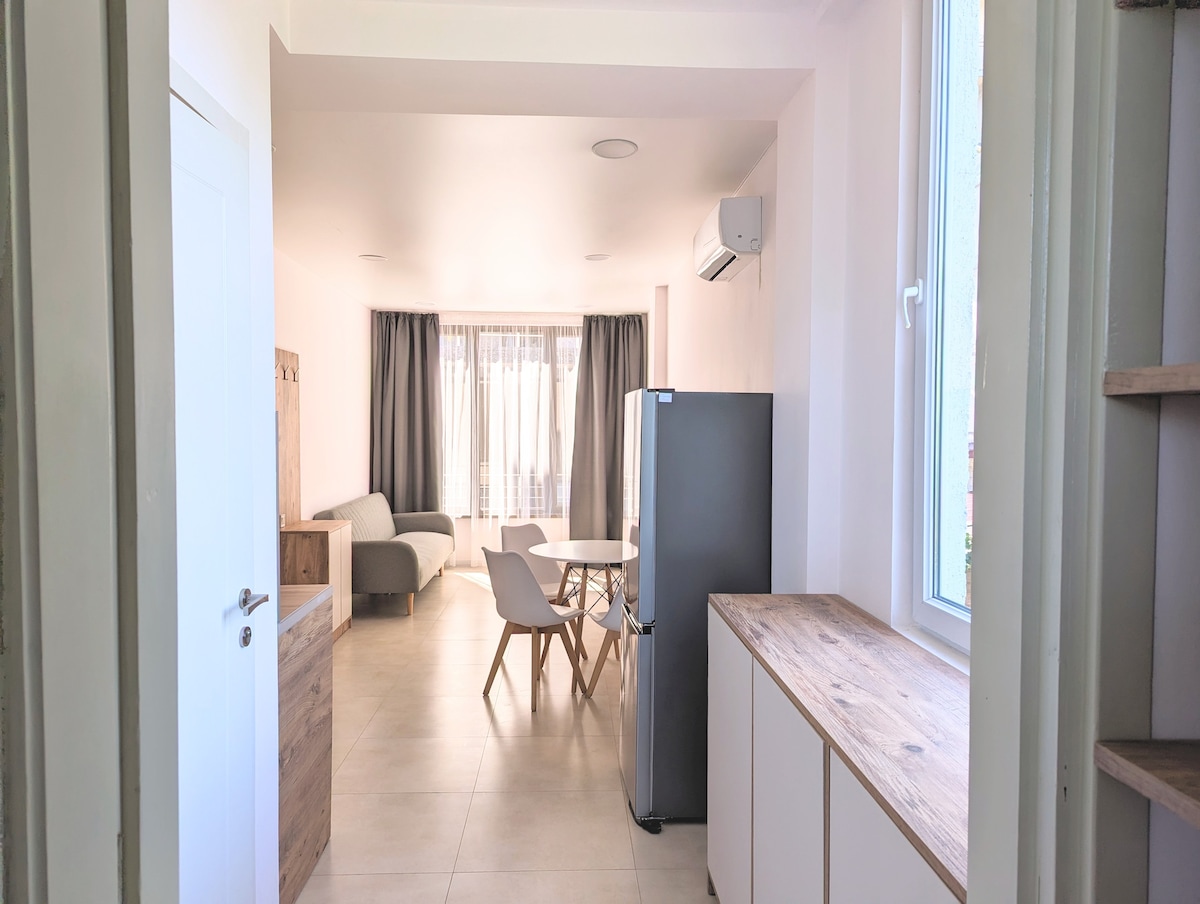 A light-filled living area is visible, featuring a grey sofa and a round dining table surrounded by wooden chairs. Large windows with sheer curtains allow natural light to brighten the space. A modern refrigerator and a wood-accented cabinet are positioned against the walls.