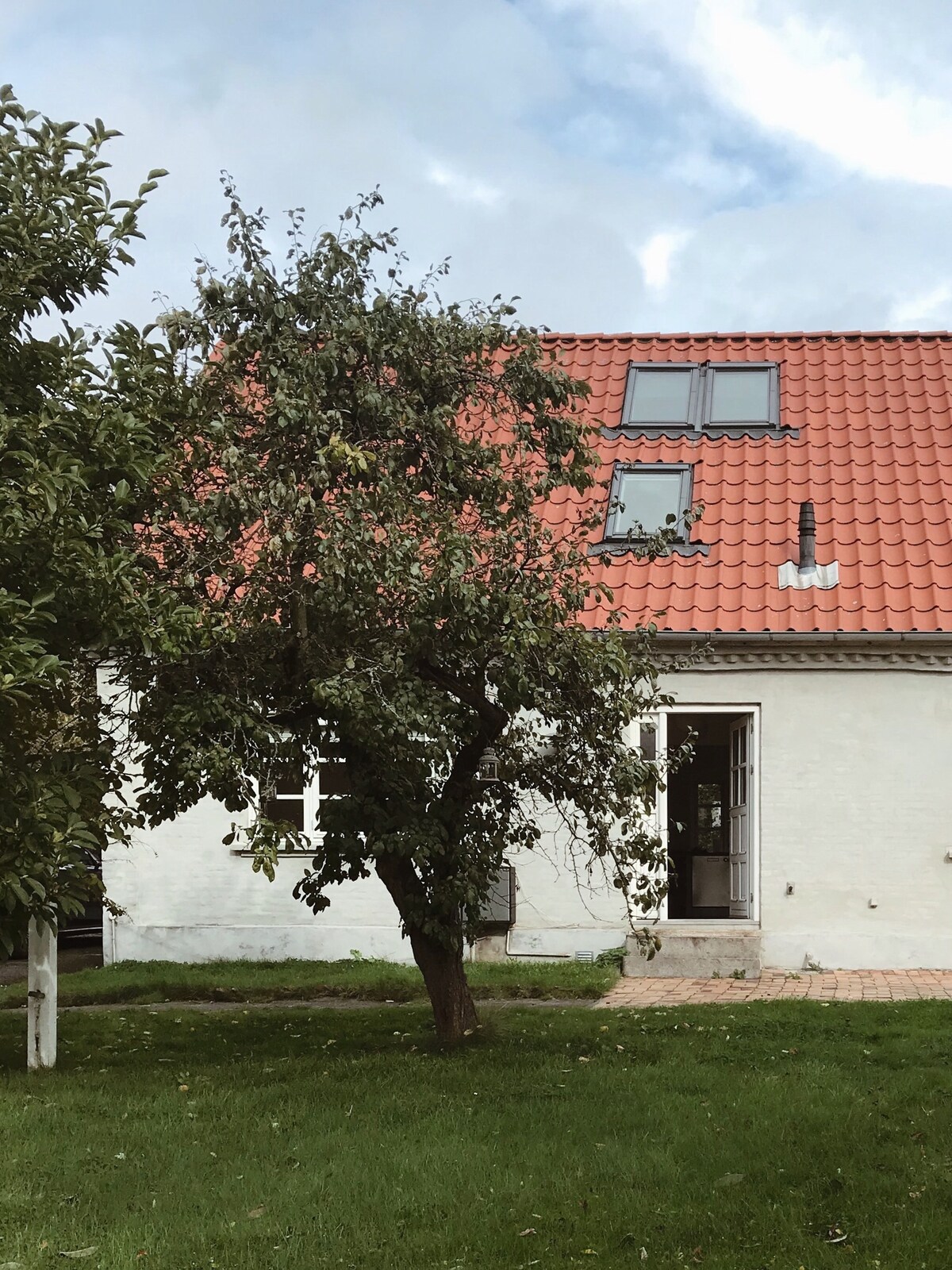A charming house with a red-tiled roof is surrounded by a lush green lawn. A mature tree stands prominently in the foreground, providing natural shade. The structure features several windows that allow light to enhance the inviting entryway.