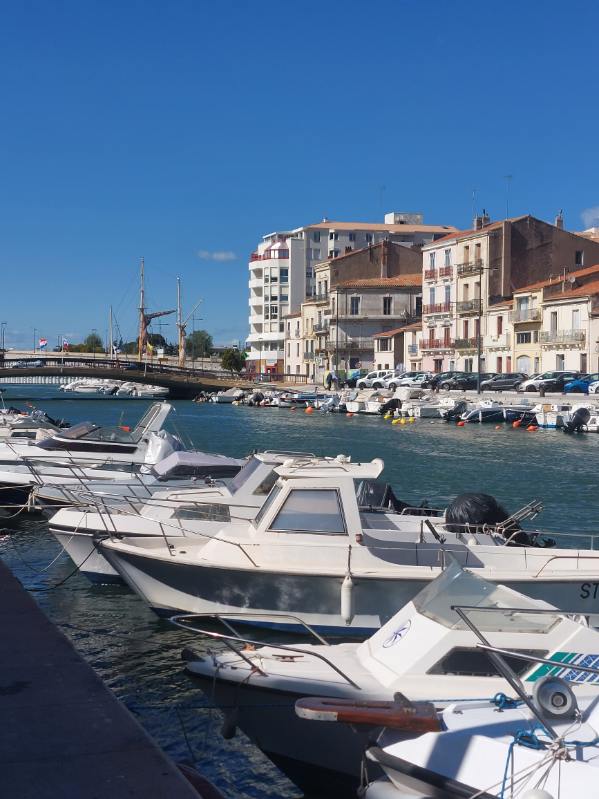 Several boats are moored along a calm waterway, with a bridge visible in the distance. The skyline features a mix of historical buildings and modern structures. A clear blue sky complements the vibrant setting, creating an inviting atmosphere along the waterfront.