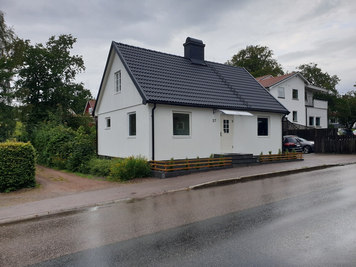 A modern villa with a clean white exterior is shown on a rainy day. The sloped roof and chimney add to its architectural charm. Lush greenery surrounds the property, and a driveway with a parked car can be seen nearby.