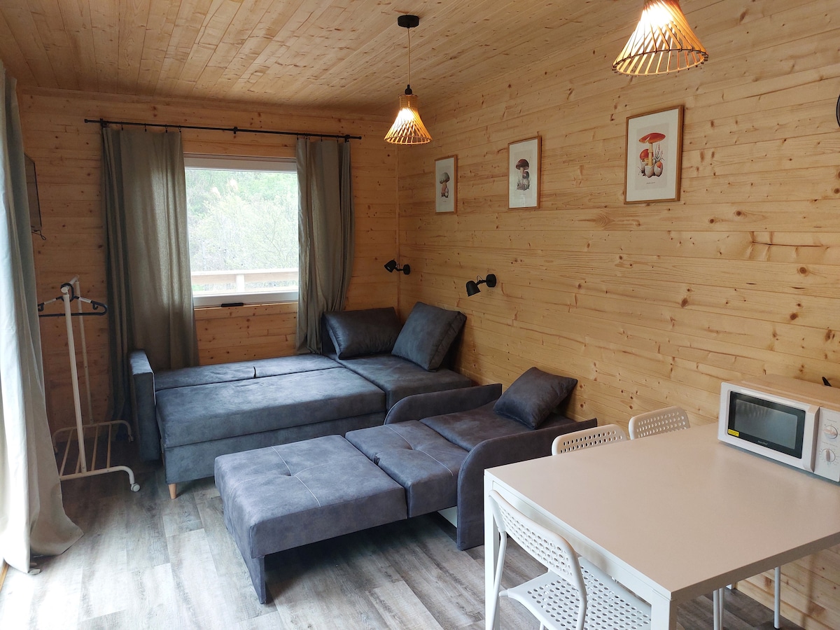 A cozy living area features a comfortable sectional sofa in shades of gray, complemented by decorative lighting fixtures. Natural light filters through a window adorned with soft curtains, illuminating a simple dining table with white chairs. Minimalist artwork decorates the wooden walls.