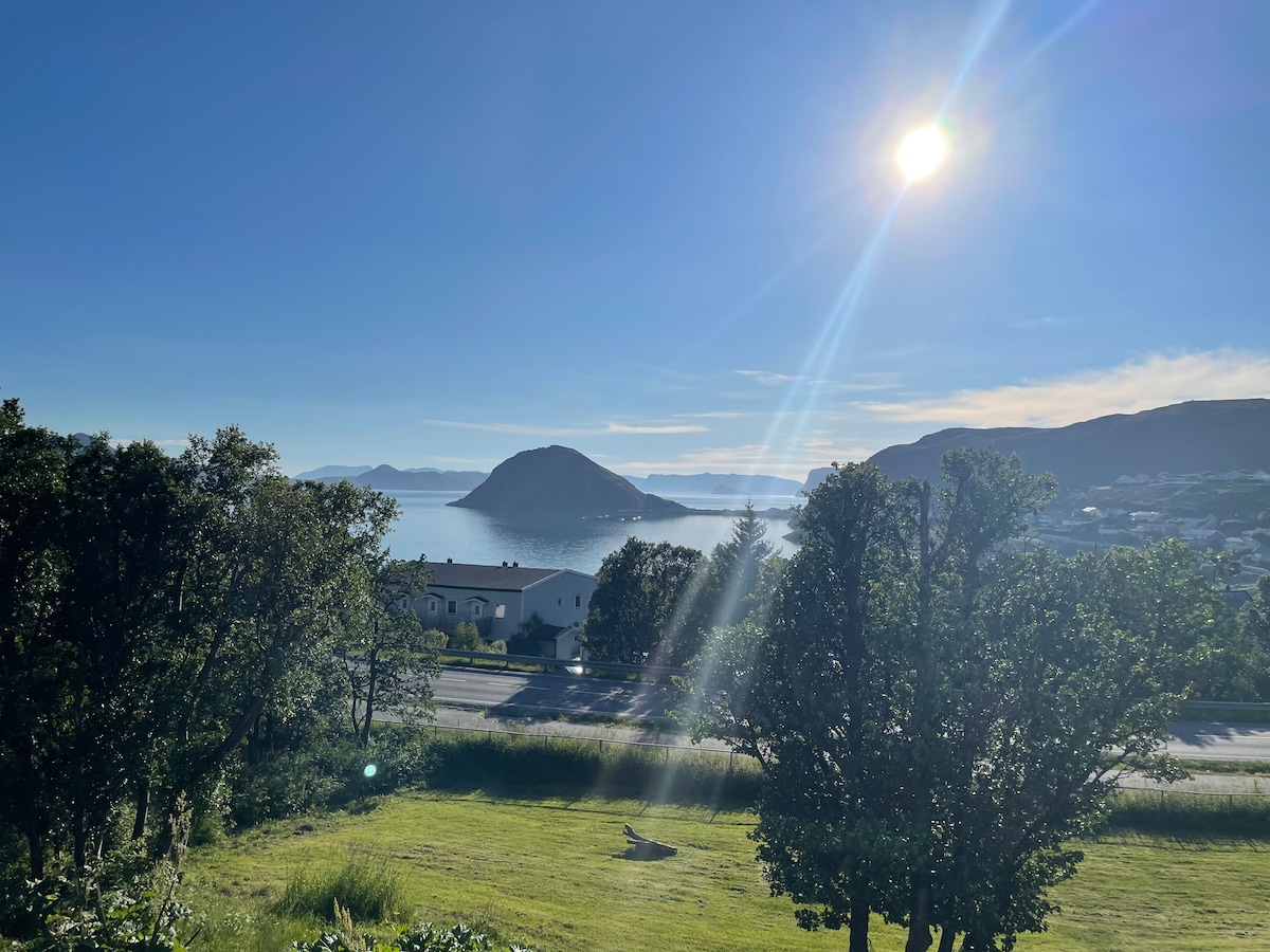 A serene landscape is depicted with a view of gentle hills and a calm bay, reflecting sunlight. Lush green trees frame the foreground, while a distant island adds depth to the scene. The sky is clear, with soft blue tones enhancing the tranquil atmosphere.
