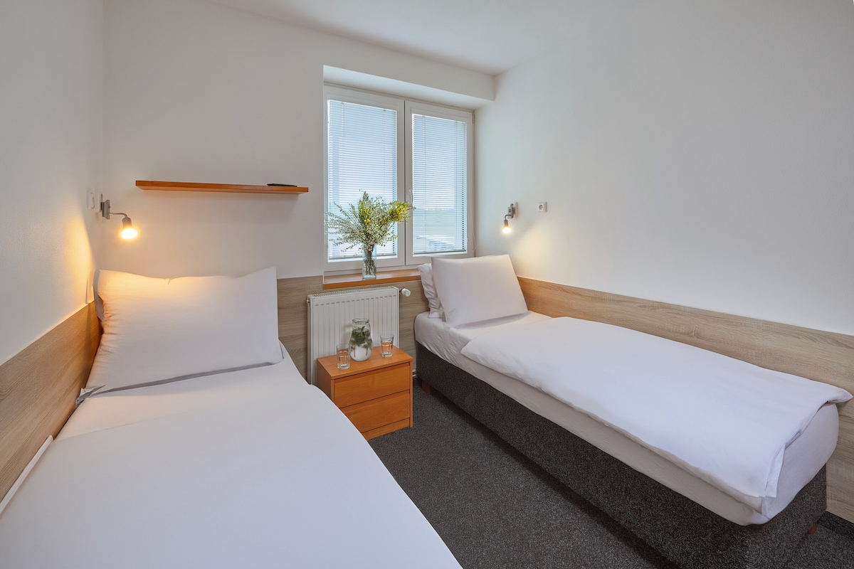 A simple, well-lit room features two separate beds with clean white bedding. A wooden shelf extends above one bed, while a small bedside table is positioned beside the other. Natural light enters through a window adorned with minimalistic coverings, and a plant adds a touch of greenery.