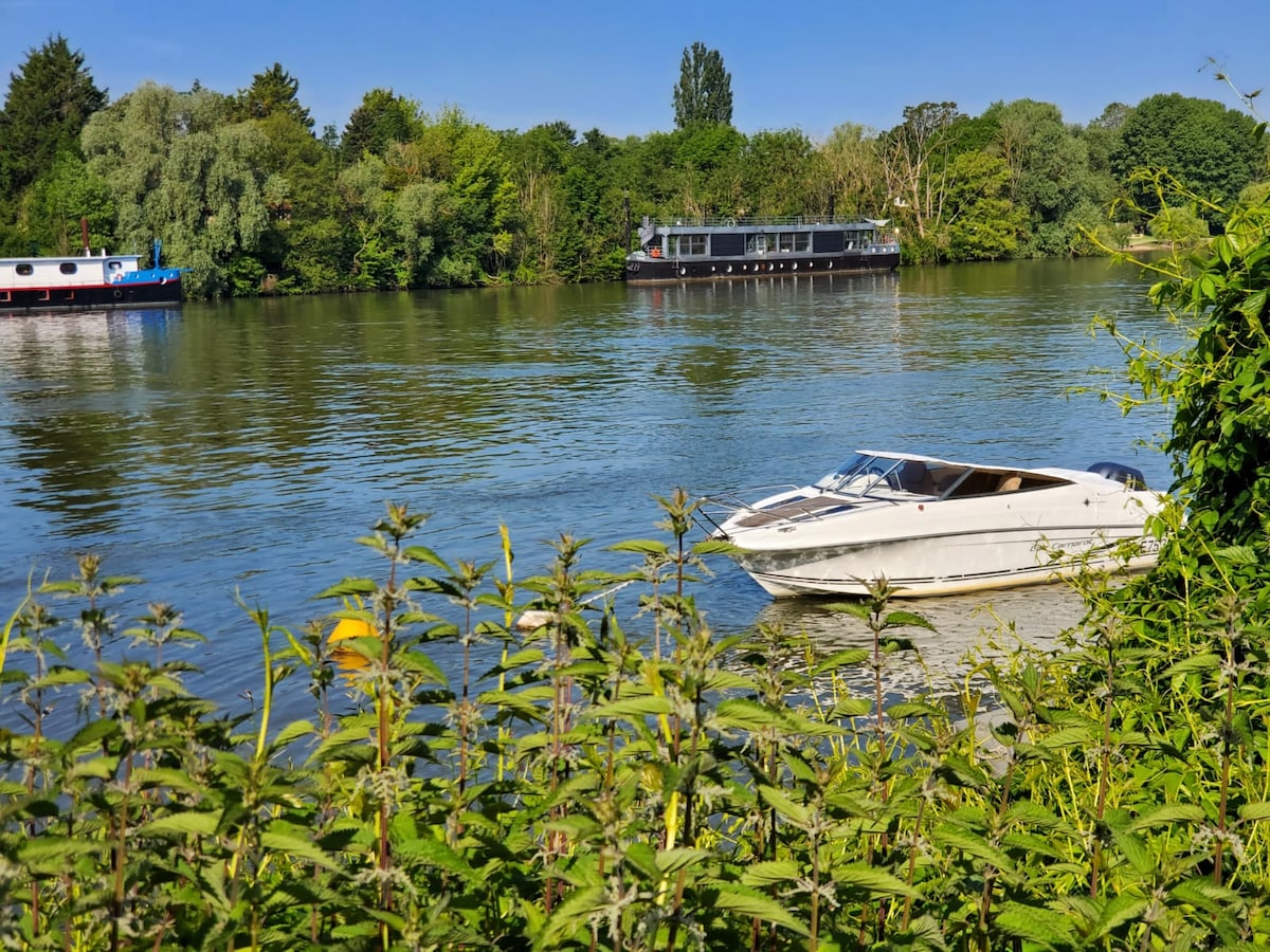 A scenic view of a calm river surrounded by lush greenery. A white boat is anchored on the water, while a houseboat is moored in the background. The clear blue sky adds to the serene atmosphere of the scene.