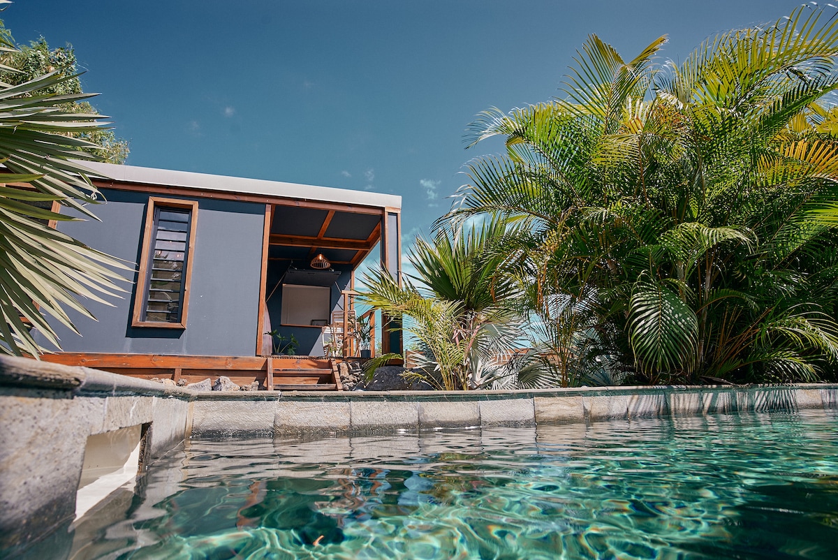 The image features a serene outdoor setting with a clear pool reflecting the sky. A wooden cabin is positioned beside the pool, surrounded by lush tropical plants, enhancing the tranquil atmosphere of the retreat.