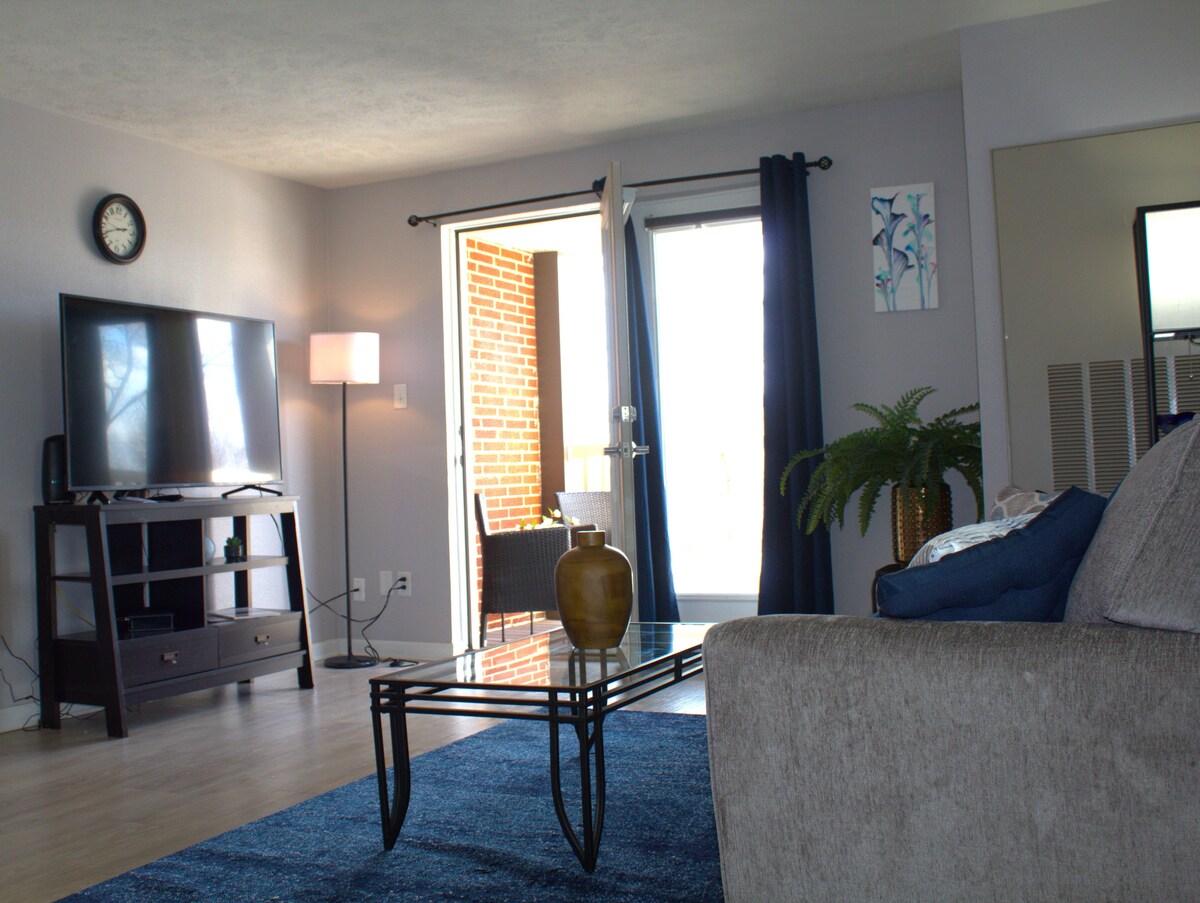 A spacious living area is visible, featuring a comfortable gray sofa and a glass coffee table. A large television is positioned on a black stand. Natural light enters from the sliding glass doors, which lead to a balcony, framed by dark curtains.