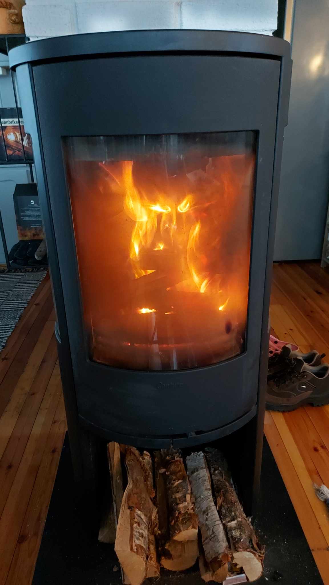 A sleek wood-burning stove is featured, with a large glass front displaying vibrant flames. Logs are stacked neatly under the stove, and warm light emanates from the fire, creating a cozy focal point in the living space.