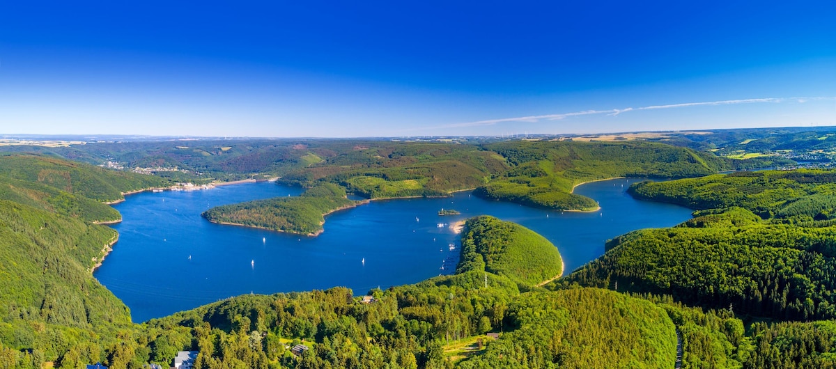 A panoramic view captures a serene lake surrounded by lush green hills. The clear blue sky reflects on the water's surface, while several boats gently float, emphasizing the tranquil natural setting. The landscape showcases the beauty of the surrounding Nationalpark Eifel.