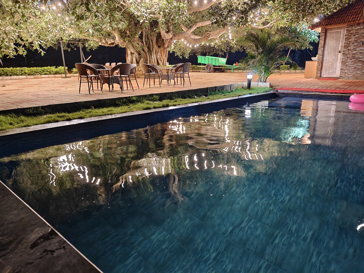 A serene view of the pool's reflective surface at night, surrounded by lush greenery and twinkling string lights. Nearby, a seating area with several chairs and a table is nestled under a large tree, providing a cozy outdoor ambiance.