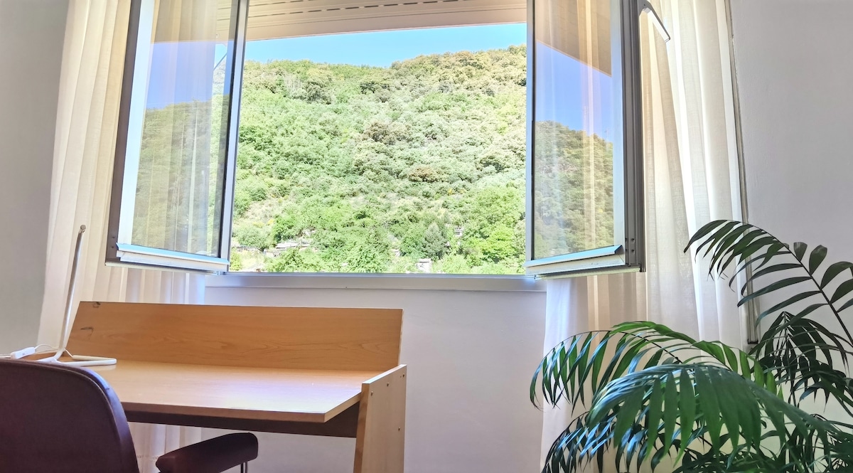 A desk is positioned by an open window, allowing natural light to fill the room. Lush greenery is visible outside, framed by soft, sheer curtains. A potted plant is placed on the floor, adding a touch of nature to the workspace.