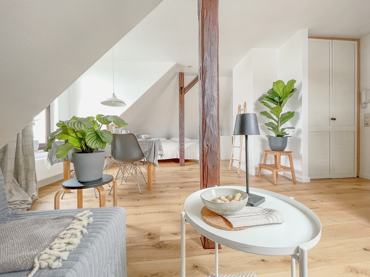 A spacious studio is depicted with light wood flooring and white walls. A comfortable sofa and a small coffee table with decorative items are present in the foreground. Plants add a touch of greenery, while a cozy sleeping area is visible in the background.