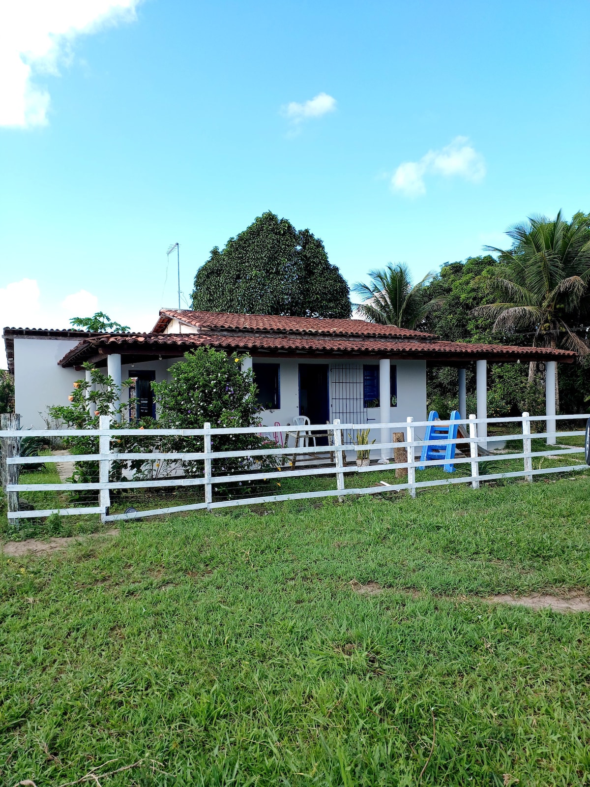 A single-story house with a reddish-tiled roof features white-trimmed windows and a front porch. Surrounded by greenery, the home is framed by a white wooden fence and complemented by palm trees and shrubs, creating a serene outdoor environment.
