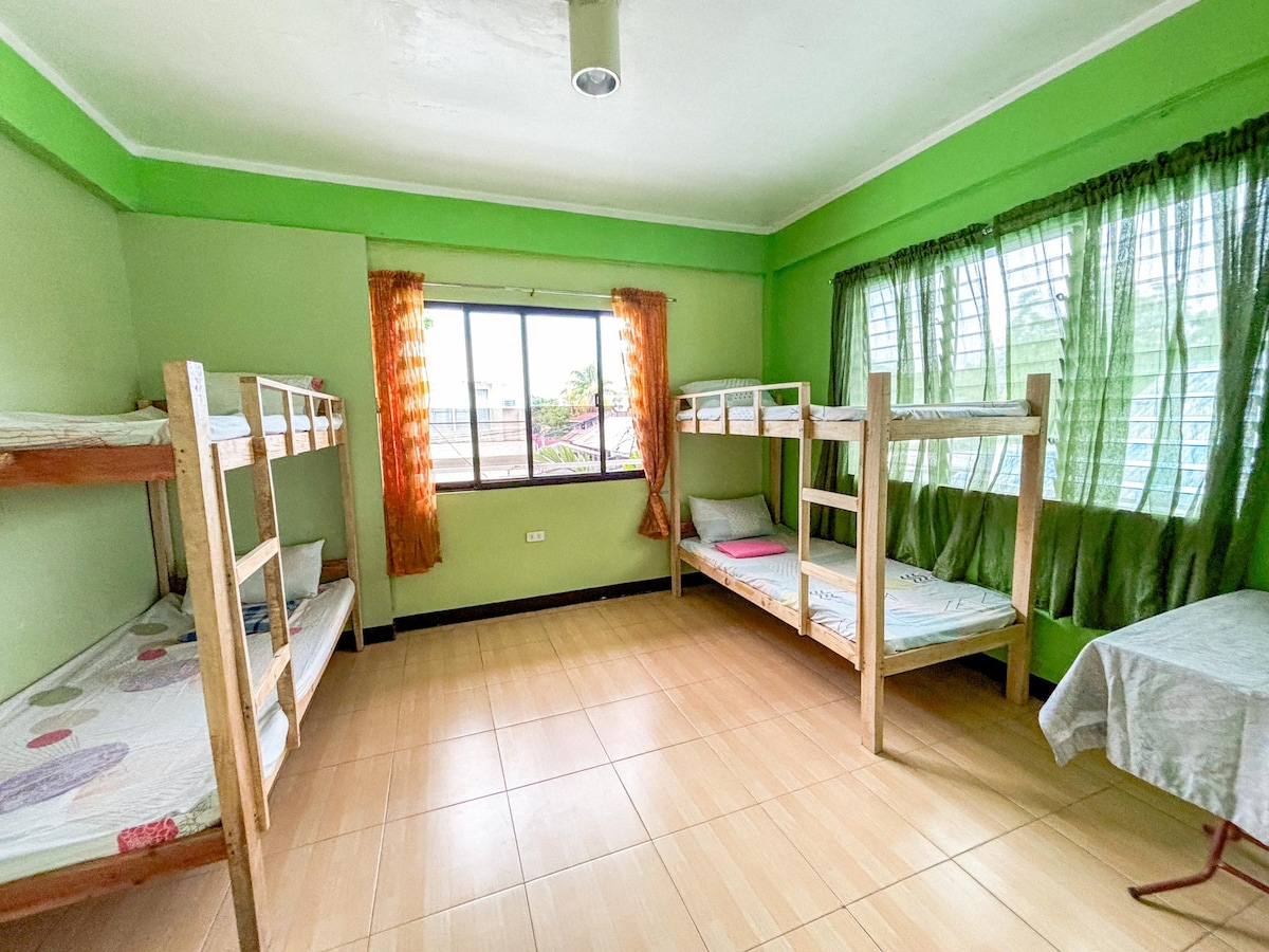 A shared room features multiple wooden bunk beds with mattresses. Bright green walls complement large windows dressed with light drapes, allowing natural light to fill the space. A simple table is placed in one corner, enhancing the room's functionality.