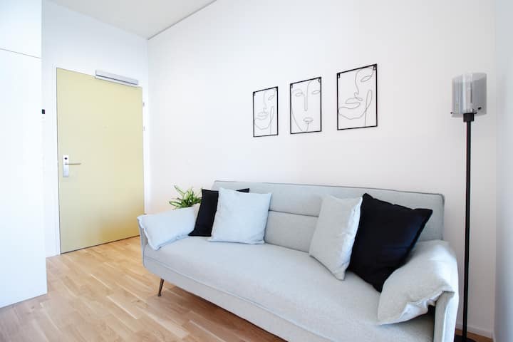 Soggiorno moderno con un elegante divano letto, decorazione murale minimalista e molta luce naturale. Perfetto per rilassarsi o come posto letto aggiuntivo.
