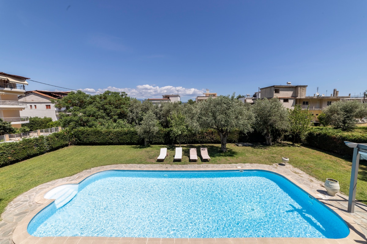 A private swimming pool is surrounded by well-maintained greenery. Several lounge chairs are positioned nearby, offering ample space for relaxation under the clear blue sky. Olive trees and shrubs frame the area, providing a serene atmosphere.