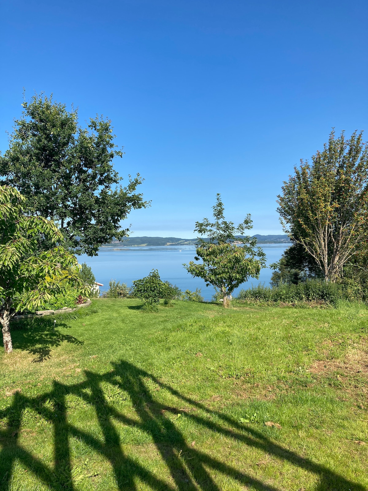 A serene garden is depicted with lush green grass and trees, including fruit trees. The landscape extends towards a calm fjord, with clear blue skies and distant hills visible along the water's edge.