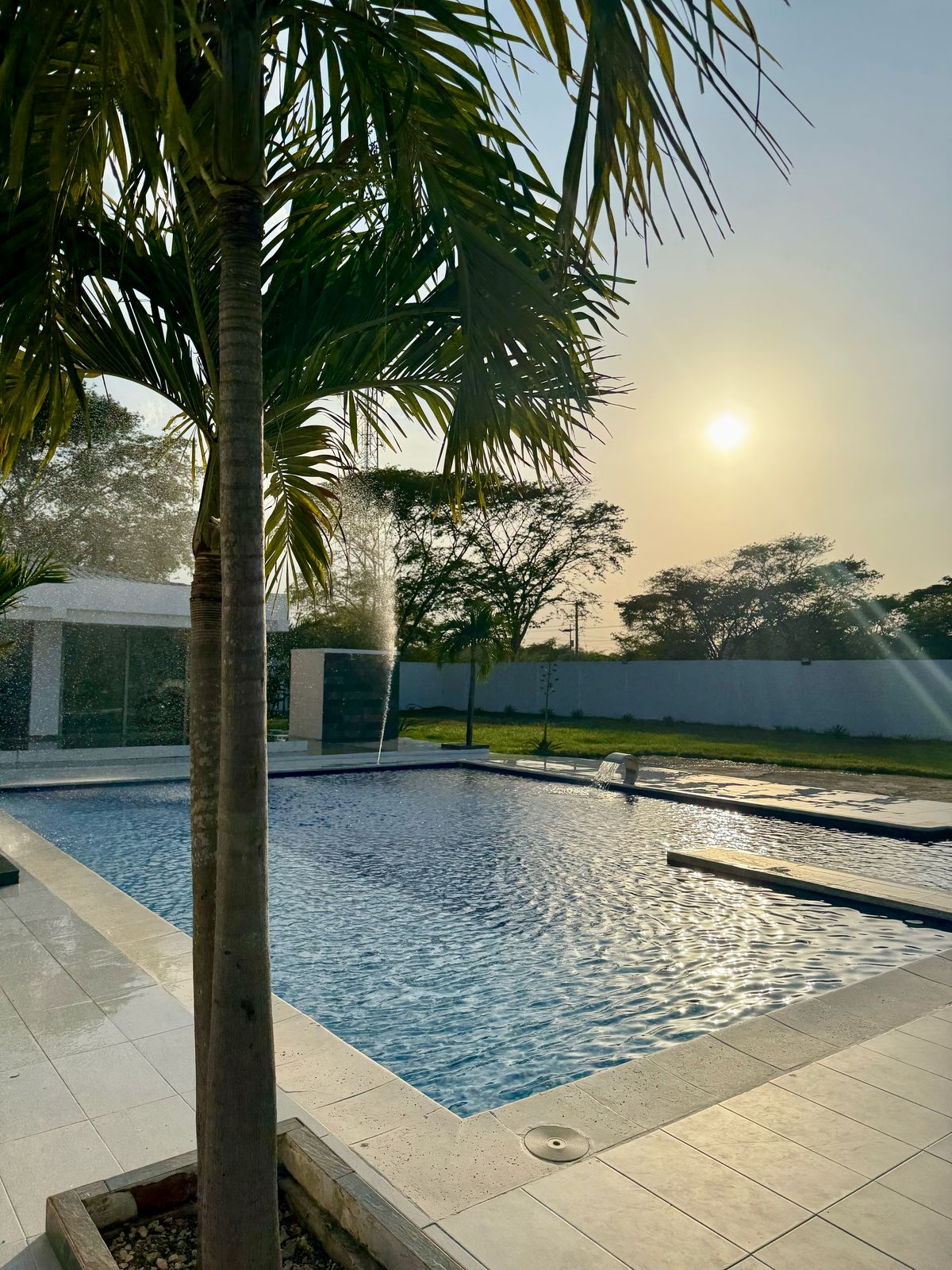 A serene outdoor pool area is framed by palm trees. The pool's surface reflects the soft light of the setting sun, while a gentle fountain adds a relaxing touch. Lush greenery surrounds the pool, offering a sense of tranquility.