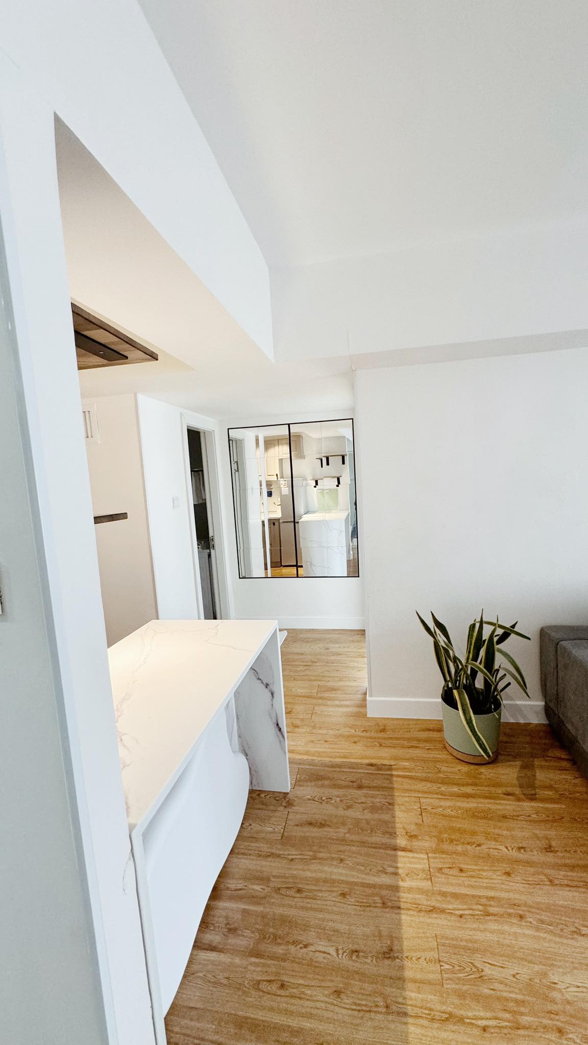 A bright and open living space is showcased, with a white marble countertop leading into the room. The light wooden flooring complements the neutral walls. A potted plant adds a touch of greenery near a comfortable sofa, suggesting a cozy atmosphere.