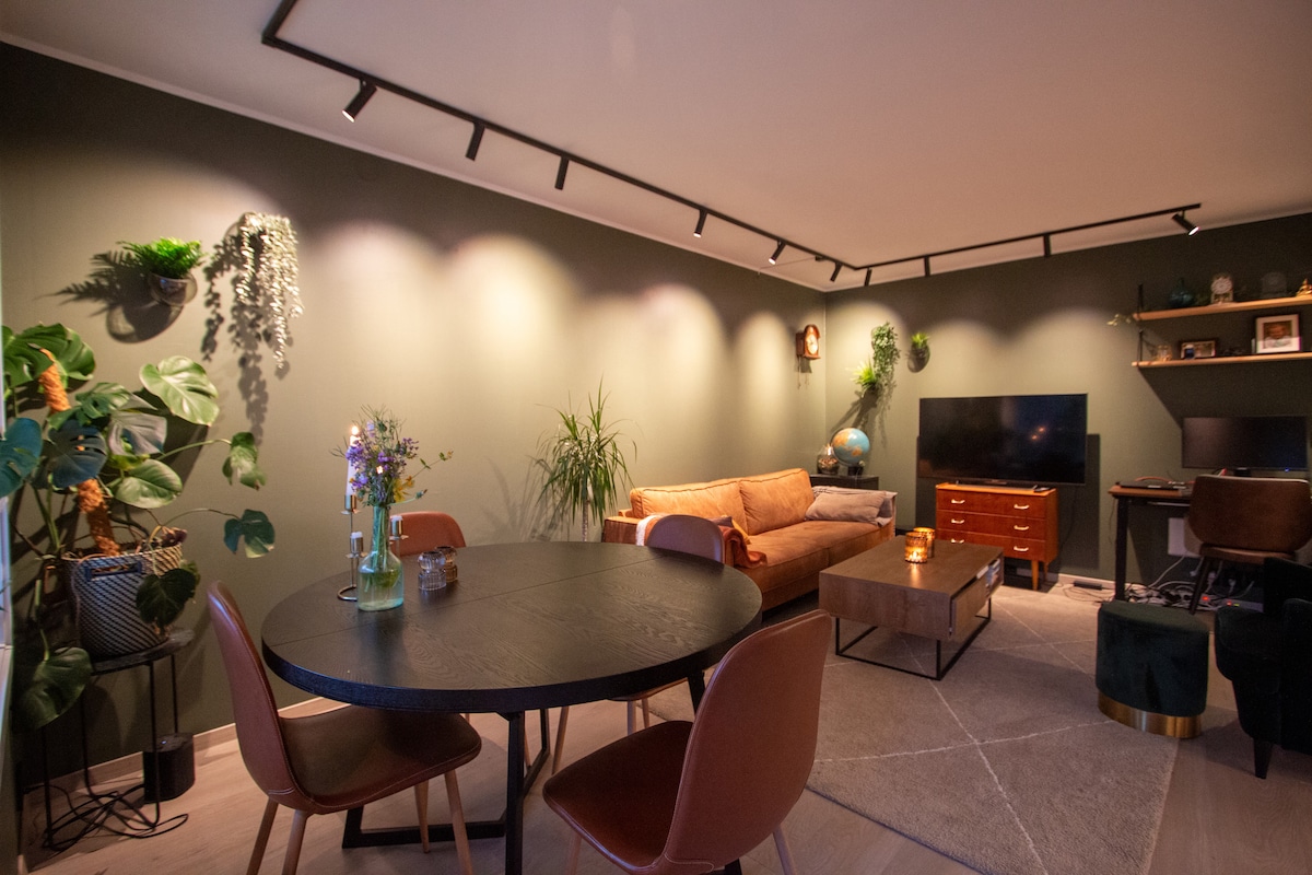 A cozy living area features a round black dining table surrounded by brown chairs. A plush sofa sits against a green wall adorned with plants, while a dark wooden cabinet and a TV stand hold personal items. Soft lighting enhances the inviting ambience.