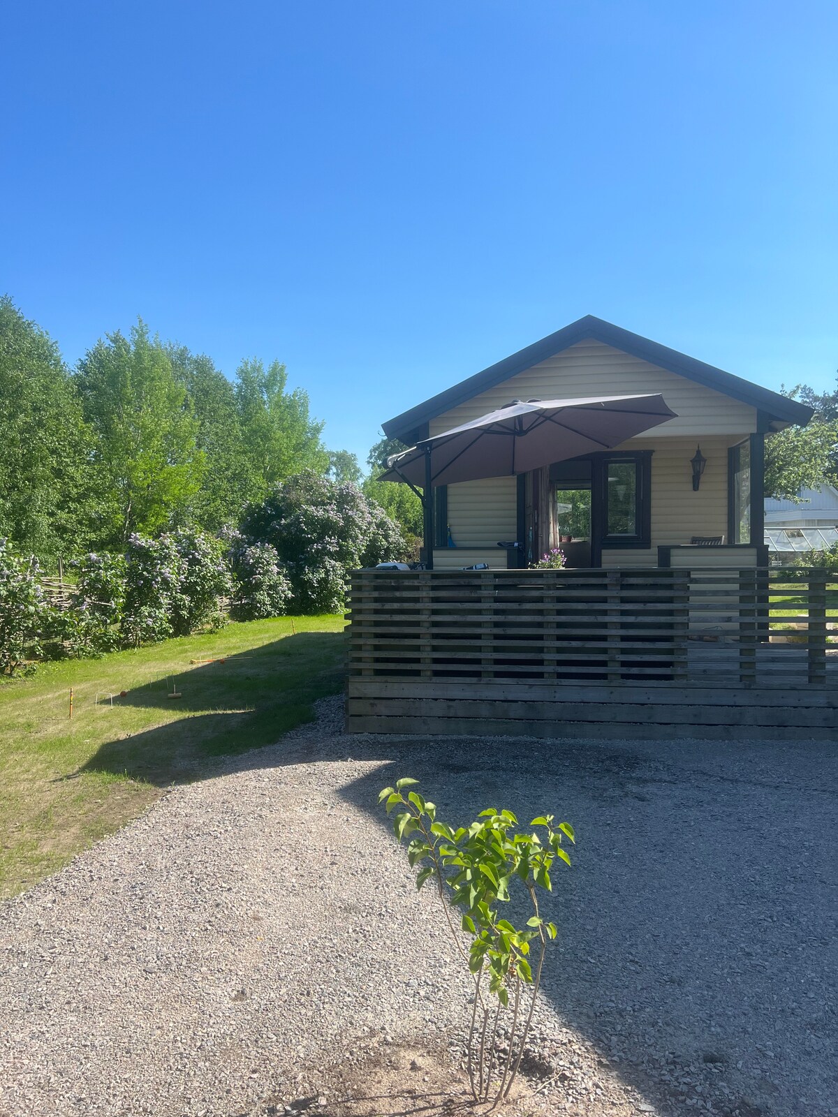 A charming cabin is viewed from the front, featuring a wooden deck with an umbrella. Lush green trees and flowering shrubs surround the property, creating a serene garden environment. A gravel pathway leads up to the cabin, enhancing the tranquil outdoor setting.