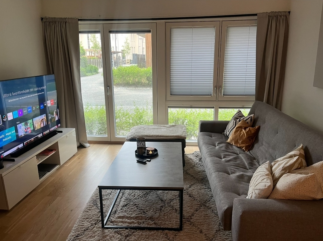 A modern living area features a soft gray sofa with decorative cushions positioned next to a simple black coffee table. A flat-screen TV is mounted on a white media console. Large windows allow natural light to fill the space, with sheer curtains softly framing the view.
