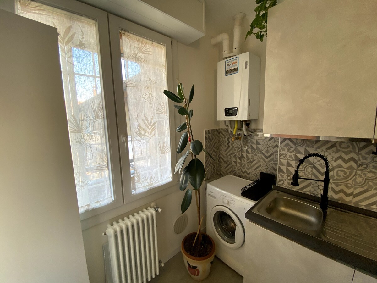 A kitchen space features a modern sink with a sleek faucet and a nearby washing machine. A potted plant adds a touch of greenery. Natural light enters through two windows adorned with patterned curtains, and a radiator is positioned below the windows.