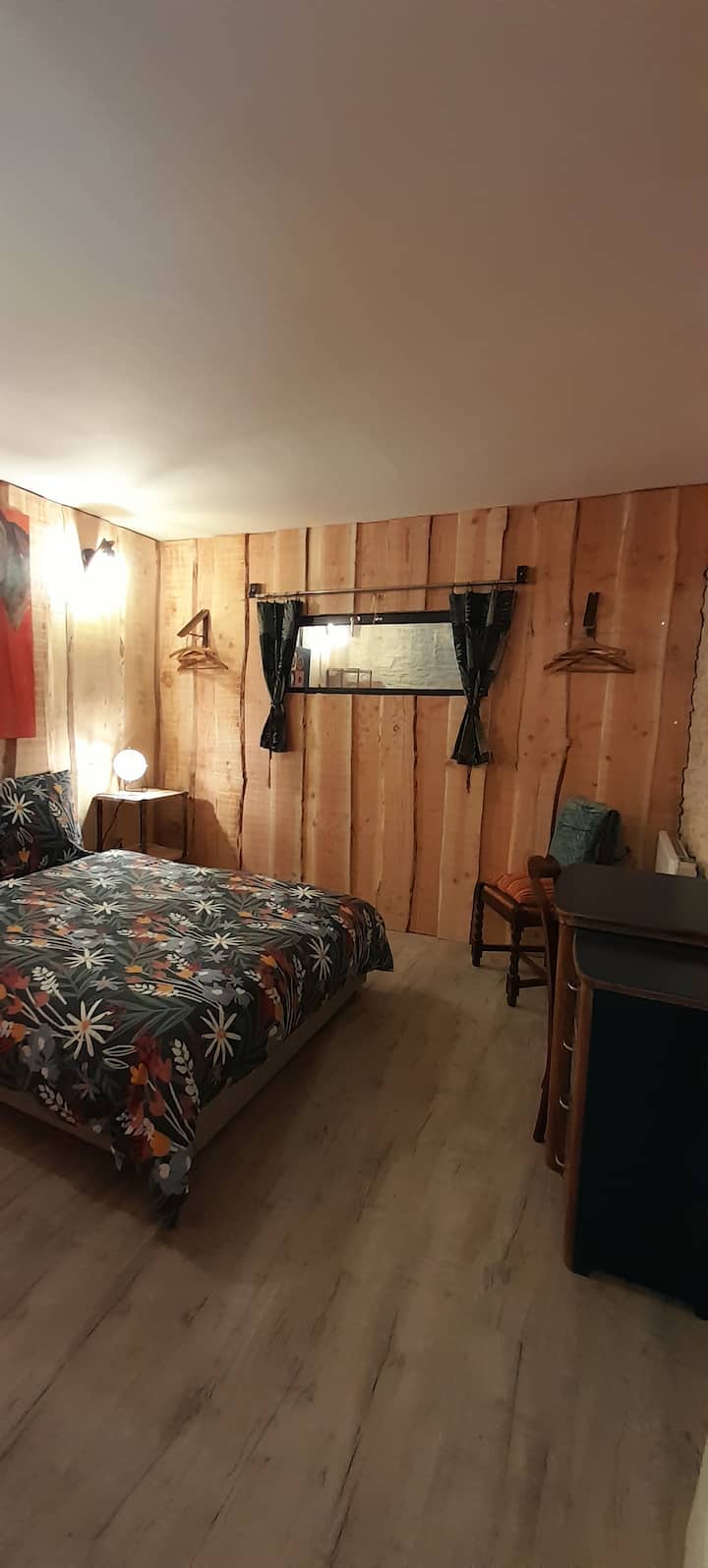 double bed, desk, storage shelf.