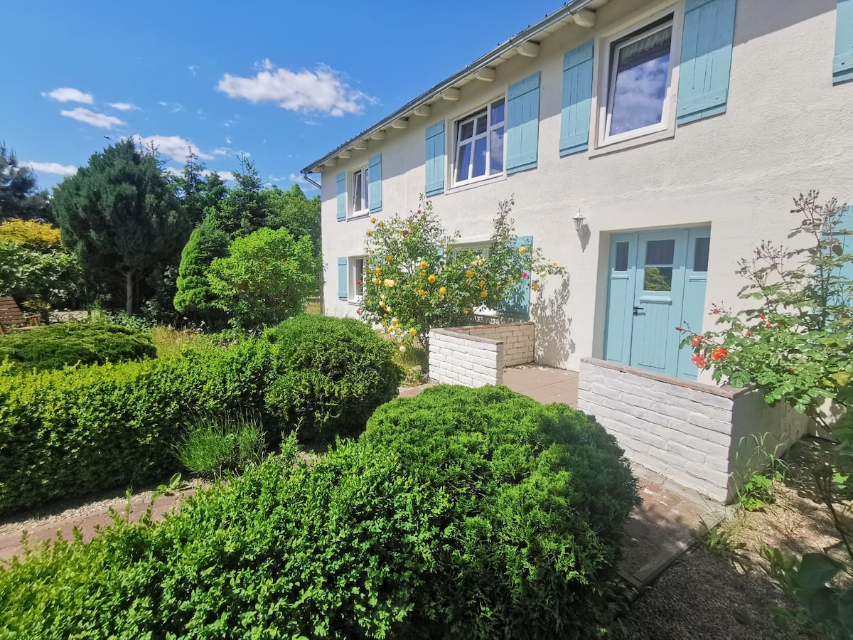 A two-story house with light-colored walls and blue shutters is set amidst lush greenery. A charming pathway leads to a welcoming entrance, featuring a double door surrounded by flowering shrubs and well-maintained hedges, creating a serene outdoor space.