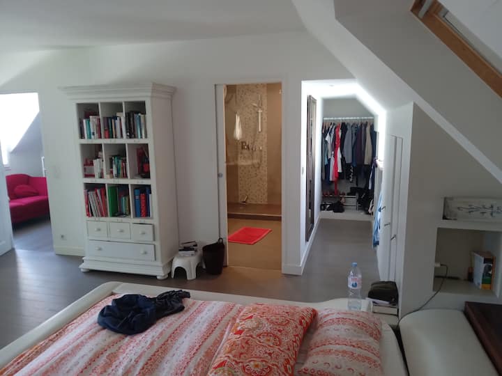 ห้องนอน #3: ห้องชุดใหญ่ขนาด 48 ตารางเมตรพร้อมระเบียงขนาดเล็กห้องน้ำอุปกรณ์ออกกำลังกายห้องแต่งตัวและพื้นที่สำนักงานเตียงขนาด 160x200
