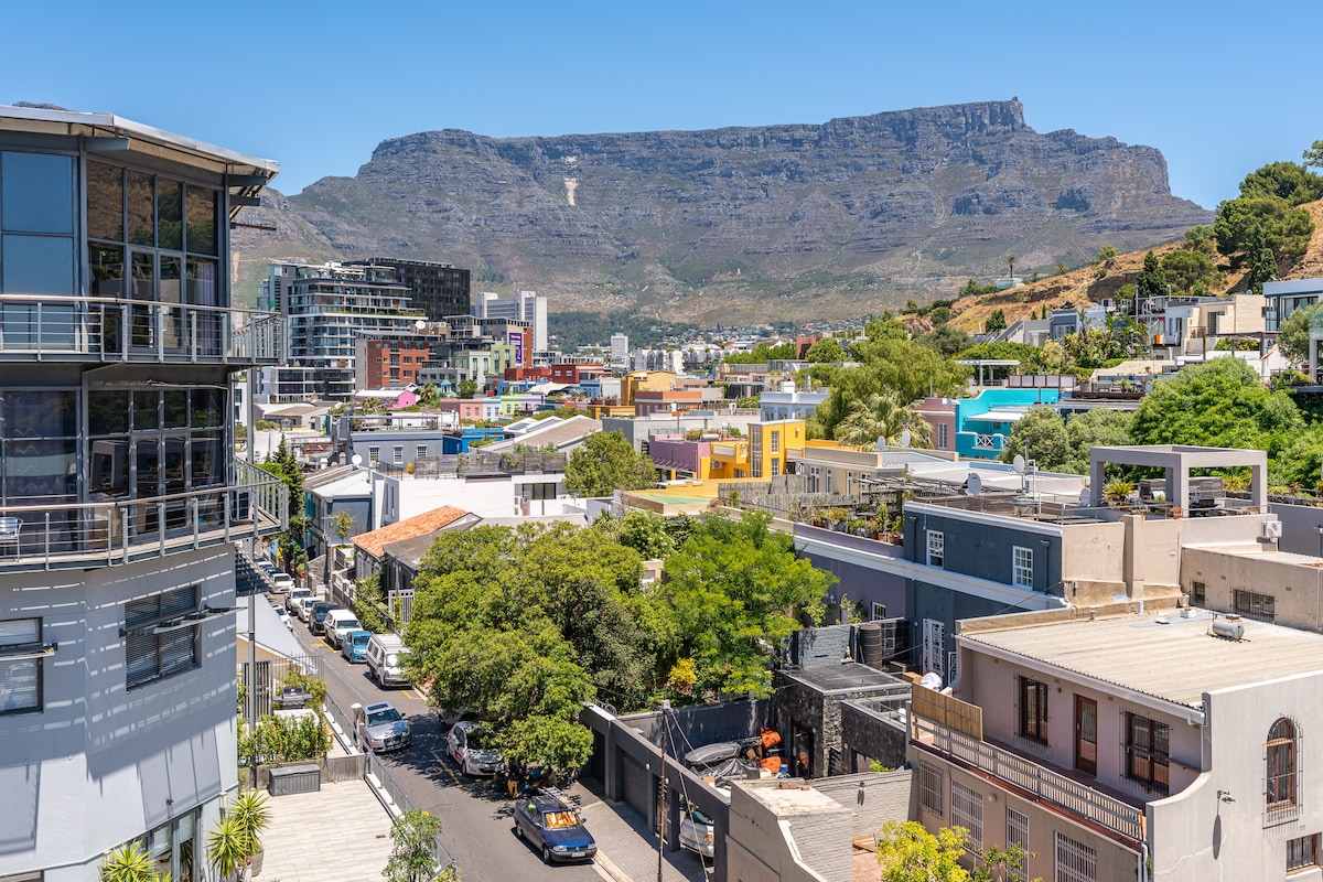 A vibrant cityscape is presented, showcasing colorful homes nestled against the backdrop of Table Mountain. Various trees provide greenery, while the street below features parked cars and a mix of architectural styles typical of the De Waterkant neighborhood.