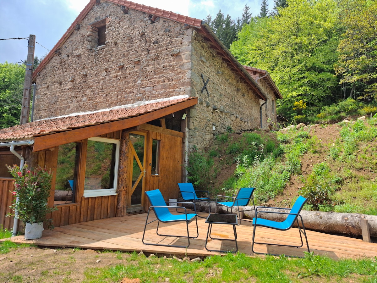 An outdoor seating area is featured on a wooden deck, showcasing four blue chairs arranged around a small table. The rustic stone building provides a charming backdrop, with lush greenery and trees surrounding the area, emphasizing a serene natural environment.