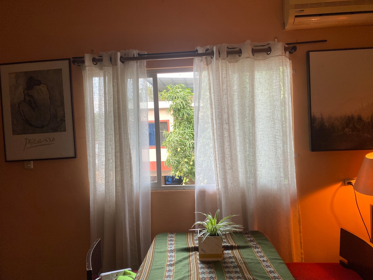 A dining area is presented with a wooden table and light green table runner. Sheer white curtains frame a window, allowing natural light to illuminate the space. A small potted plant sits at the center of the table, while framed artworks adorn the walls.