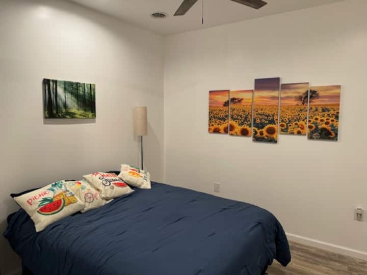 นี่คือห้องธีมสปริงเตียงควีนไซส์ 1 เตียงพร้อมโต๊ะข้างเตียงโคมไฟอ่านหนังสือพัดลมเพดานและตู้เสื้อผ้า โครงเตียงสูงพอที่จะเก็บสัมภาระไว้ใต้เตียงได้