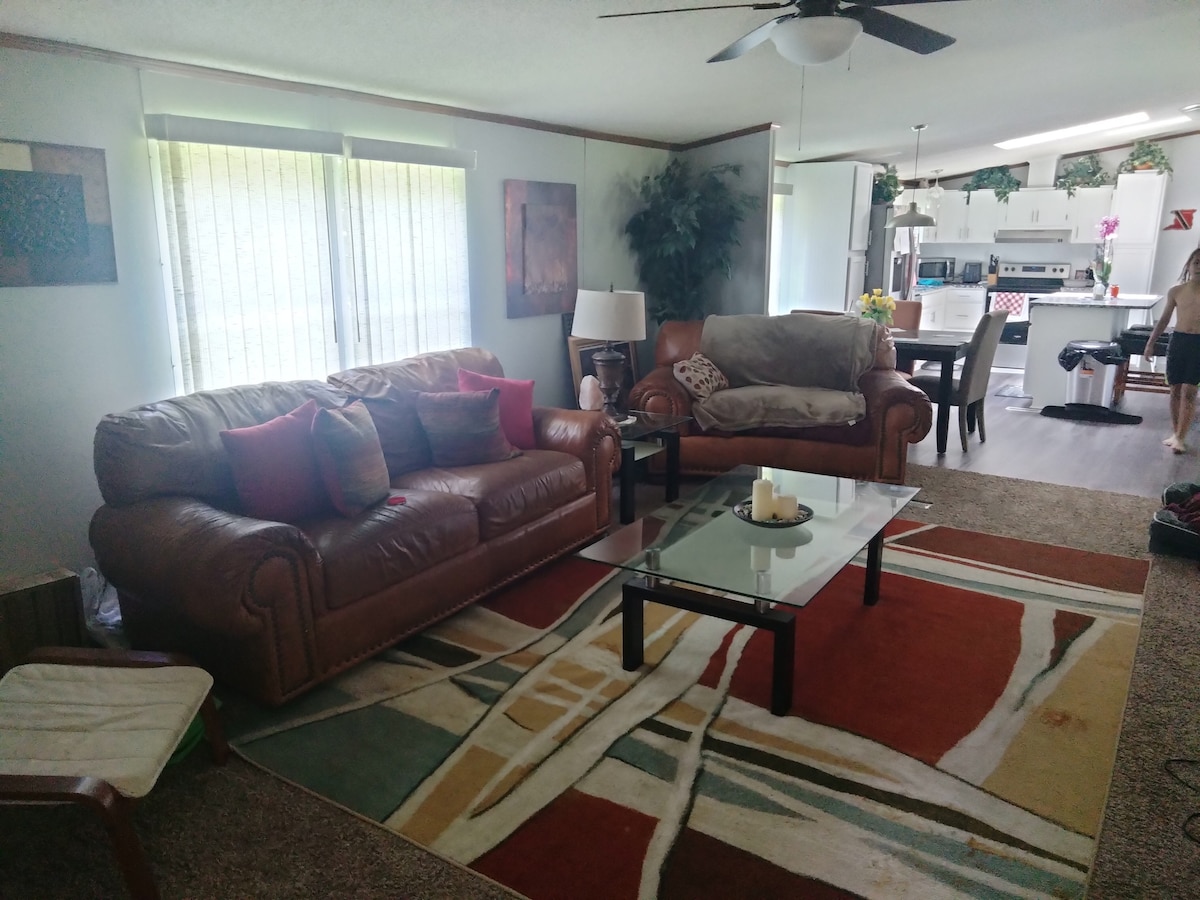 A comfortable living area is presented with two sofas surrounding a glass coffee table. A colorful area rug adds a touch of design underfoot. Natural light enters through two large windows, while a plant complements the space, creating a welcoming environment.