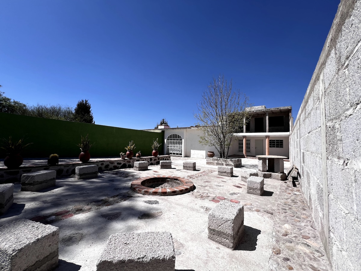 An outdoor common area features a circular stone fire pit surrounded by seating stones. Plant pots add greenery to the space, which is enclosed by walls painted in vibrant colors. A building structure is visible in the background against a clear blue sky.