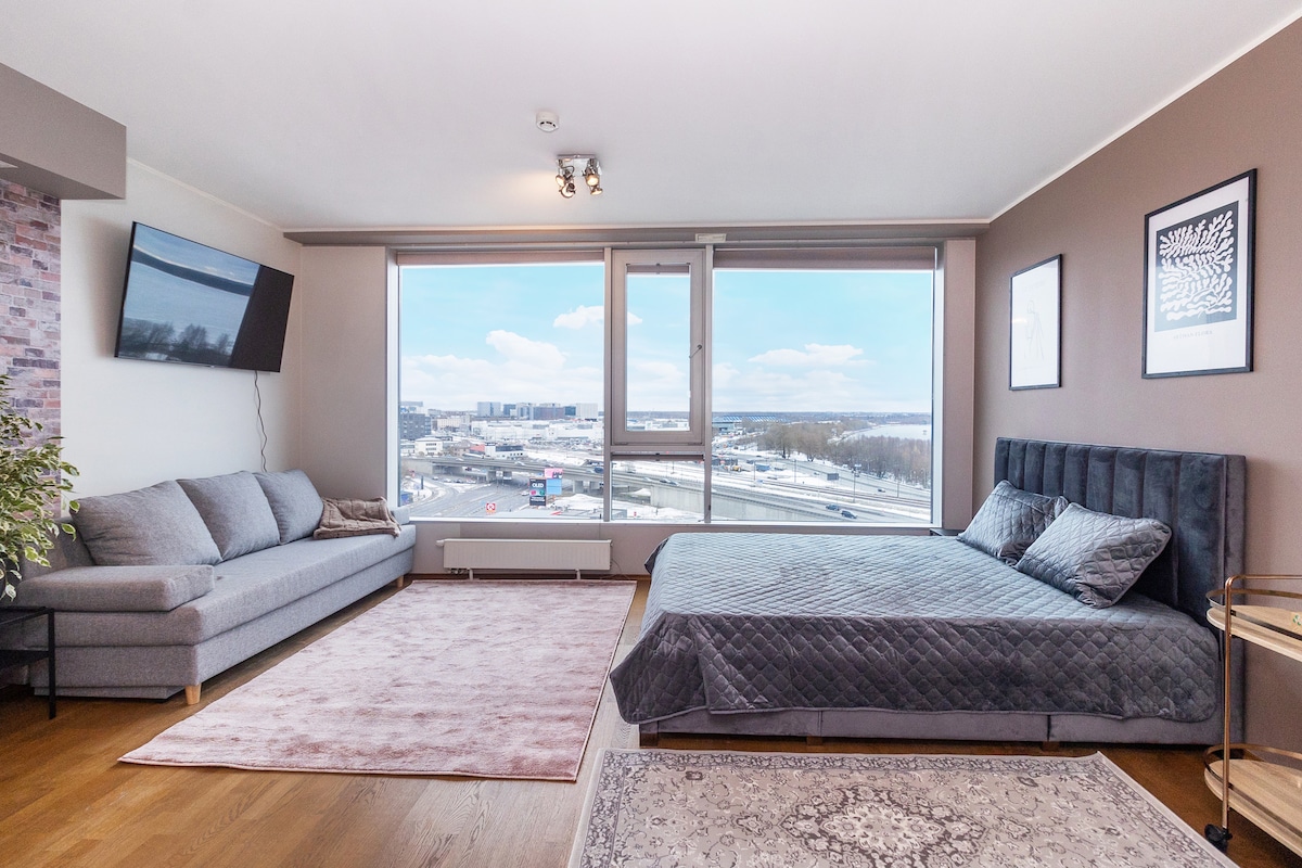 A spacious room features large windows providing a view of the city and lake Ülemiste. A comfortable gray sofa is positioned next to the bed, which is dressed in dark linens. A TV mounted on the wall complements the modern decor, while a light area rug adds warmth.