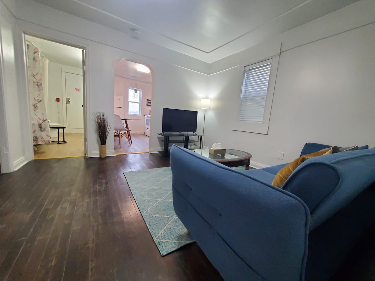 A spacious living area is presented, featuring a blue couch and a geometric area rug. A flat-screen TV sits on a low table, providing an inviting space for relaxation. Light enters through a nearby window, illuminating the wooden floor and white walls.