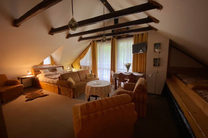 Stan za 2 - 4 osobe s kupaonicom i balkonom s garniturom za sjedenje i opuštanje. 