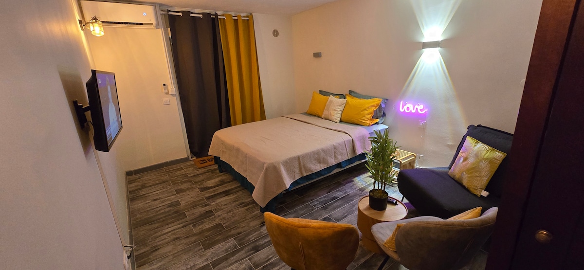 A cozy studio room is illustrated, featuring a spacious bed with colorful pillows. A small seating area with two chairs sits across from the bed. A wall-mounted TV is visible, along with a decorative plant, and soft lighting highlights the space.