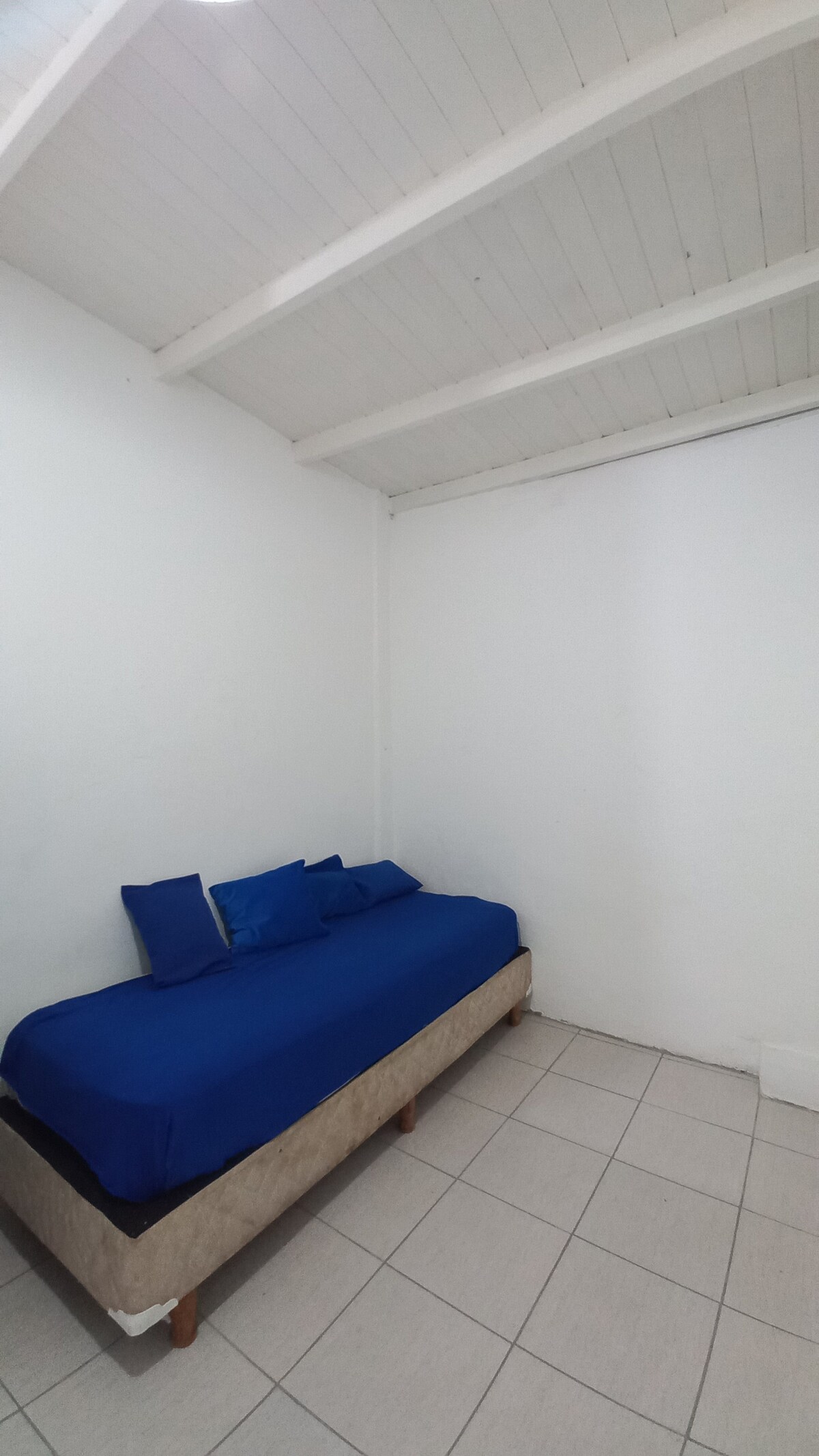 A simple sleeping area is presented, featuring a spacious bed dressed in blue linens. Multiple blue pillows are arranged at the head of the bed. A bright, airy atmosphere is created by the white walls and ceiling with exposed beams.