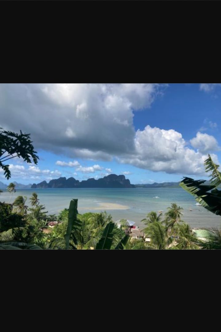 The image captures a coastal view featuring a sandy shoreline curving along clear waters. Lush green foliage is visible in the foreground, while distant mountains rise against a partly cloudy sky, enhancing the natural beauty of the scene.