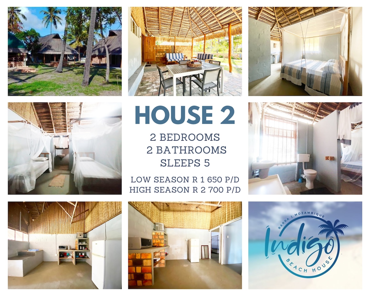 A collage showcases Indigo Beach House 2, featuring two bedrooms and two bathrooms, with space for five guests. The interior includes a dining table under a thatched roof, and each bedroom has mosquito netting for comfort. The warm tones enhance the rustic charm of the space.