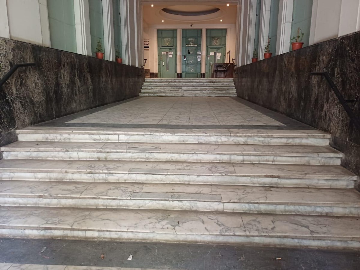 A wide staircase made of polished marble leads up to double doors in a muted green hue. Potted plants are placed along the edges of the entryway, enhancing the warm allure of the building's facade.
