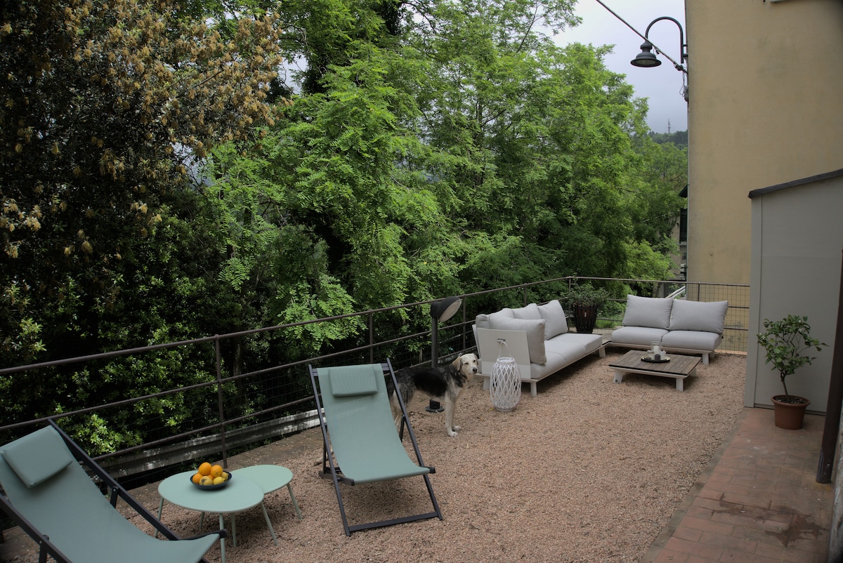 A spacious outdoor terrace is equipped with comfortable seating and loungers, surrounded by lush green trees. A small plant is positioned on the gravel surface, and a dog can be seen calmly exploring the area. The scene is set for relaxation and enjoyment of nature.