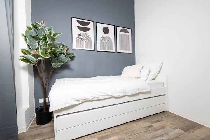 Dhomë gjumi e rehatshme me krevat tek që strehon dy persona. Arti modern i murit dhe një bimë e gjelbër krijojnë një atmosferë elegante.