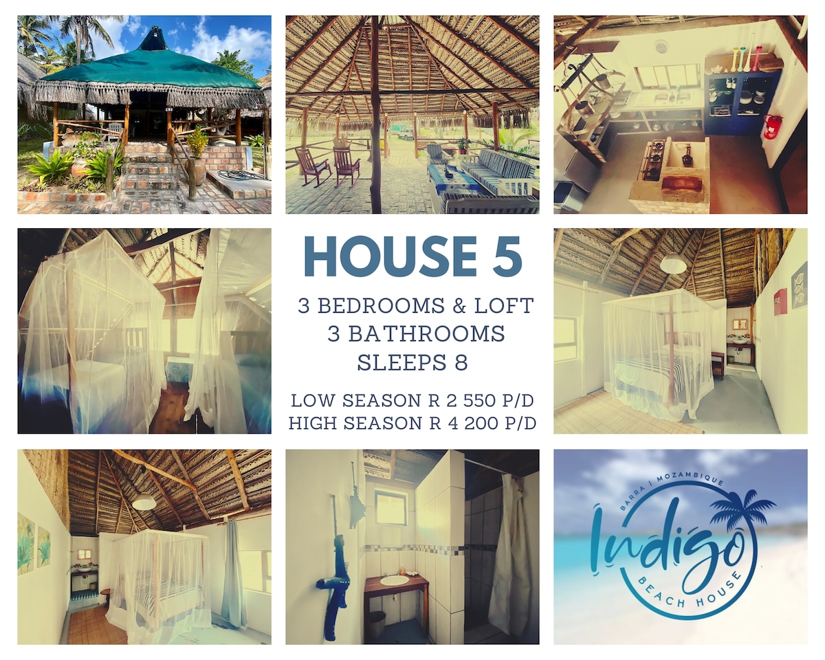 A spacious beach house features a thatched roof and outdoor patio, providing a shaded area for relaxation. Inside, airy rooms with sheer coverings over beds create a light and open atmosphere. Numerous windows invite natural light, enhancing the connection to the outdoor surroundings.
