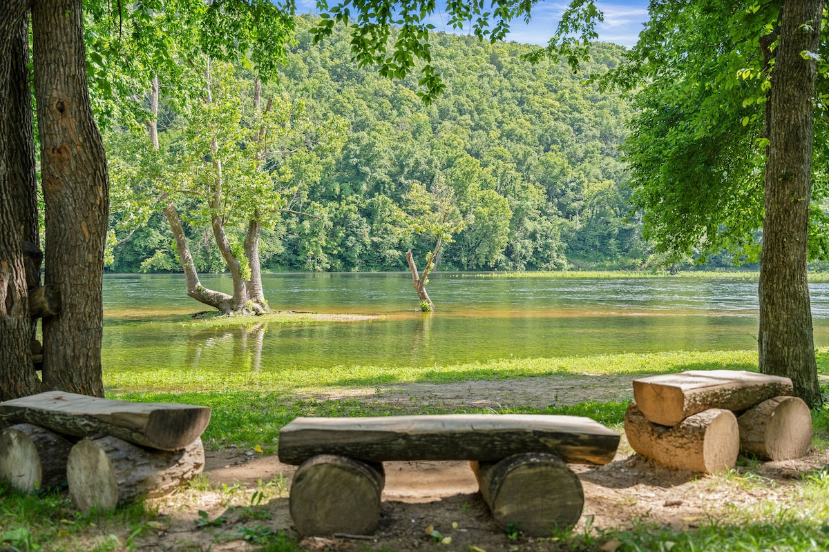 Seating made from logs is arranged under the shade of lush green trees, facing a calm body of water. The scene features gentle ripples on the surface, with verdant hills reflected in the water, creating a serene outdoor space.